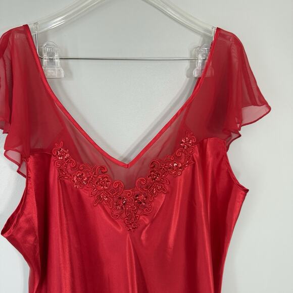 VTG GLAMOROUS SHINY Liquid SATIN Maxi Midi Dress SLIP Long GOWN Beaded Red 2X - Picture 4 of 8